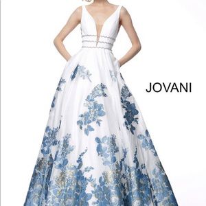 2019 jovani white and blue floral prom dress